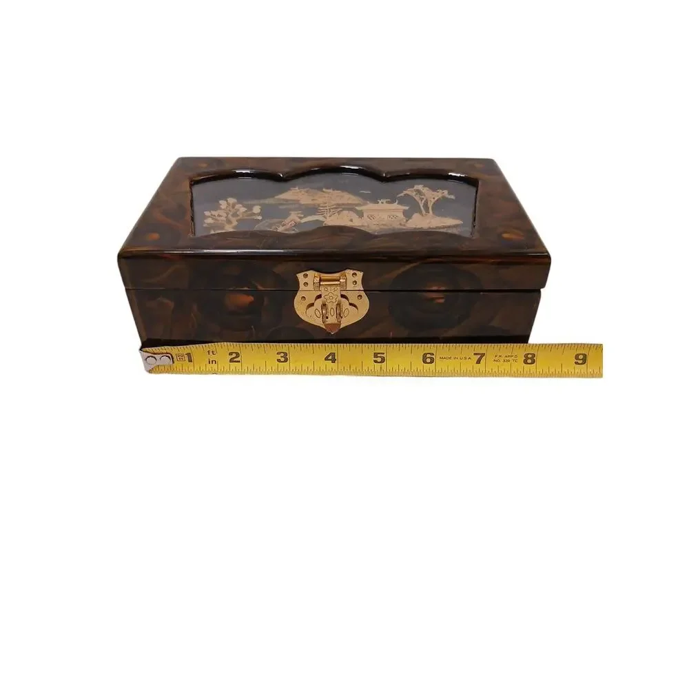 Chinese Carved Cork‎ Mohagany Lacquered Jewelry Box Satin Ring Slots Organizer